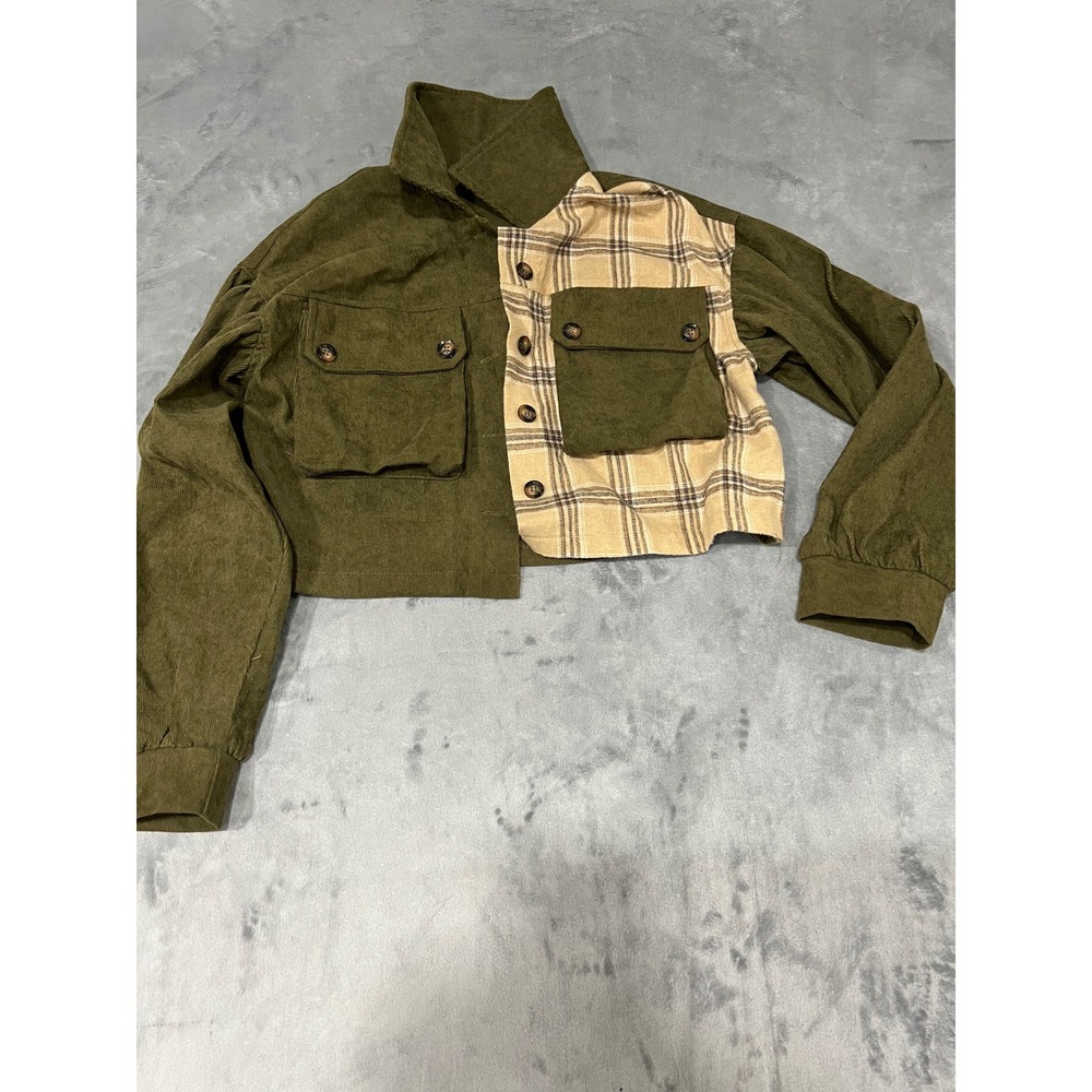 SHEIN Olive Green Corduroy Plaid Colorblock Cropped Jacket Small Raw Hem Utility